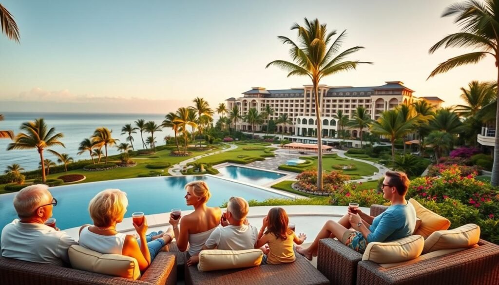 A multi-generational family gathering in a luxurious tropical resort. In the foreground, grandparents, parents, and children relax together on plush outdoor furniture, sipping cocktails and overlooking a serene infinity pool. The middle ground features a lush, manicured garden with vibrant flowers and swaying palm trees, bathed in warm, golden-hour lighting. In the background, a palatial resort building with an elegant, modern design stretches towards the horizon, reflecting the calm waters of the ocean. An atmosphere of tranquility, connection, and shared experiences pervades the scene, capturing the essence of multi-generational luxury travel.