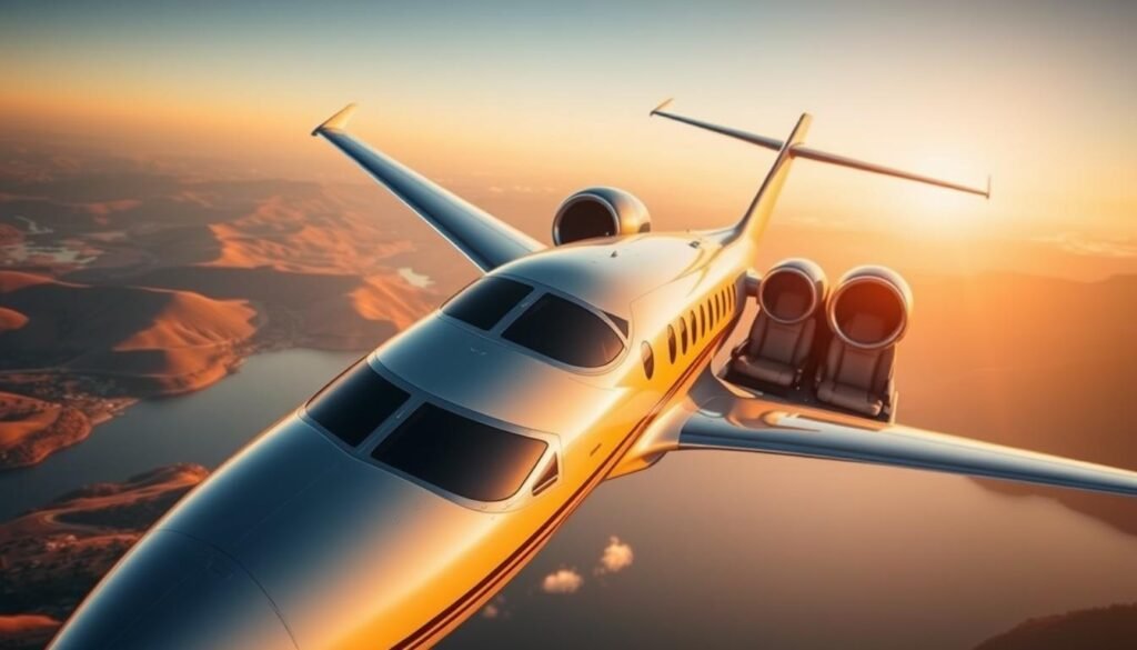 A private jet soaring elegantly through the skies, its sleek metallic exterior gleaming in the warm, golden sunlight. Inside, plush leather seats and a sophisticated, modern cabin evoke a sense of unparalleled luxury and exclusivity. In the background, a picturesque landscape of rolling hills and a serene lake unfolds, creating a tranquil and awe-inspiring backdrop. The scene conveys a feeling of effortless sophistication, where time stands still, and the world is yours to explore at your own pace, free from the constraints of commercial travel.